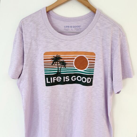 Life is Good Palm Trees Sun Graphic T Shirt Mens Sz L Purple Cotton Summer Beach - Picture 2 of 6